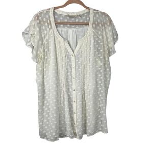 Soft Surroundings Dot Calm Silk Blend Sheer Lined Ruffle Sleeve Blouse Size XL